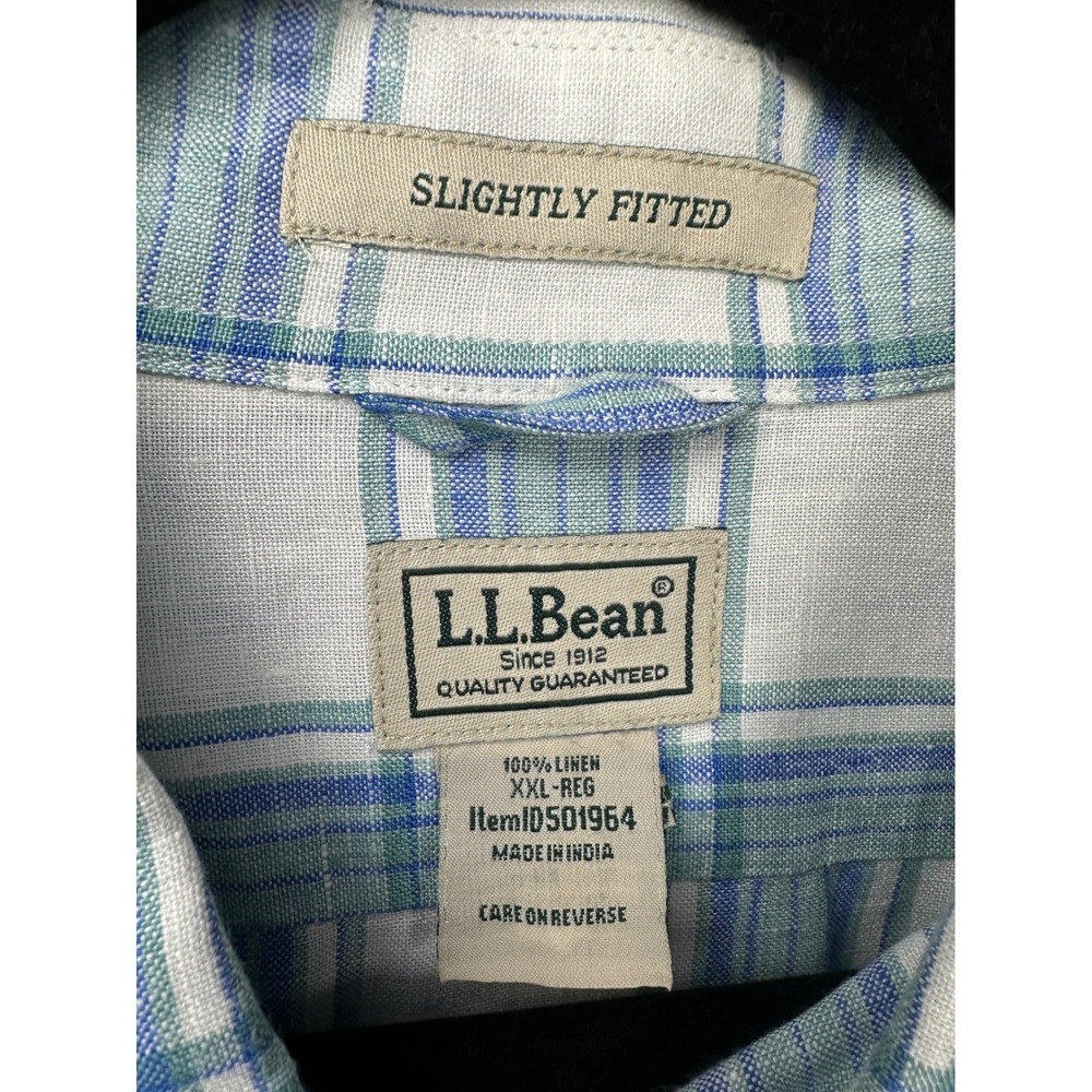 LL Bean Button Down Mens XXL Blue Green Plaid Linen Slightly Fitted Shirt Summer - Picture 2 of 7